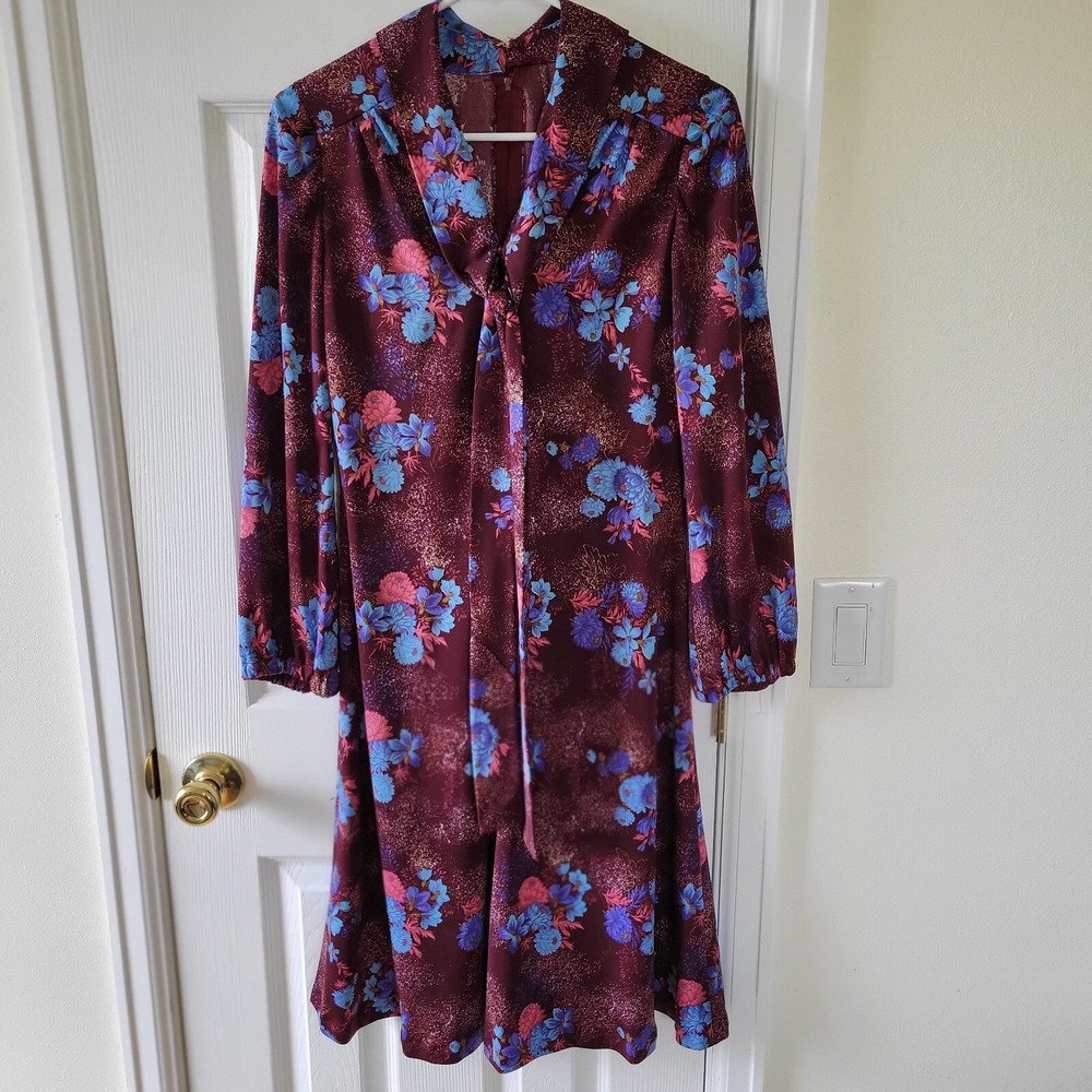 Vintage Dress Brown Blue Floral Longsleeve Tie Collar Handmade No Tag Small ASIS